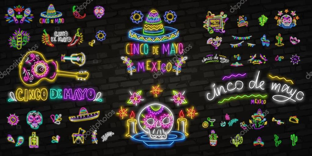 Mexican icons. Icon from Cinco De Mayo. Mexico neon sign. Cactus, Flag Mexico, Tequila, Mexican hat, Skull, Taco, Maracas Chilli Shot icon