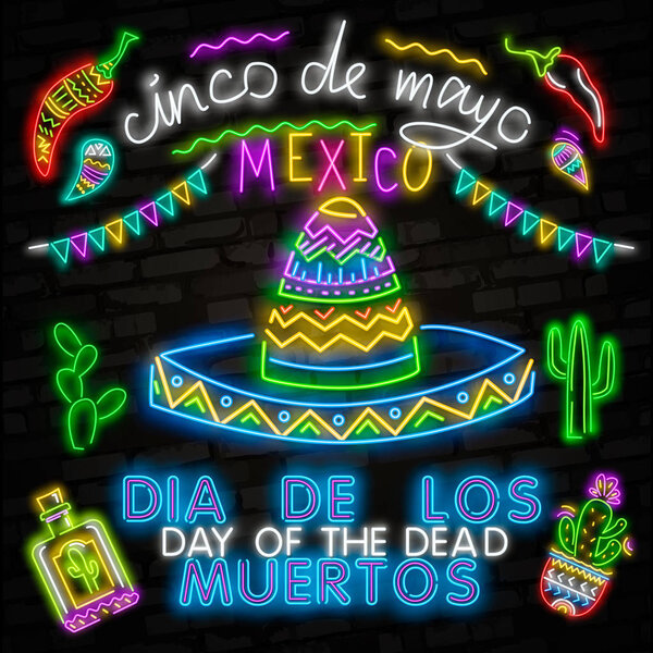 Neon Mexican icons. Icon from Cinco De Mayo. Mexico neon sign. Day of the Dead Dia de Muertos . Neon sign, bright signboard, light banner. Cactus in sombrero in neon style