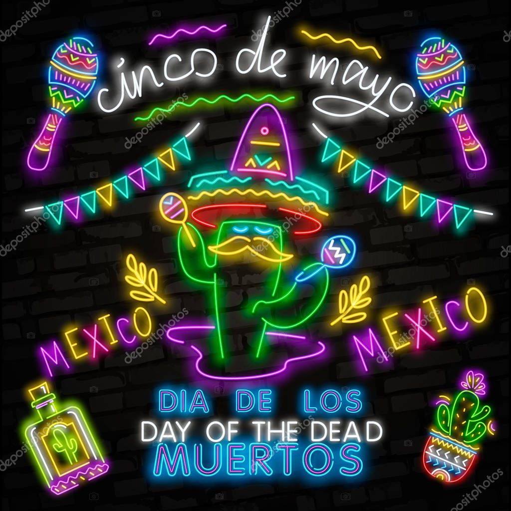 Skull neon sign. Day of the Dead Dia de Muertos . Neon sign, bright signboard, light banner.