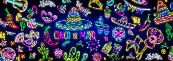 Ícones mexicanos néon. Ícone do Cinco De Mayo. Sinal de néon mexicano. Dia dos Mortos Dia de Muertos. Sinal de néon, sinalização brilhante, banner de luz. Cacto em sombrero em estilo neon —  Vetores de Stock