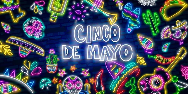 Sinal de néon Cinco De Mayo, sinalização brilhante, banner de luz. México logotipo, emblema — Vetor de Stock