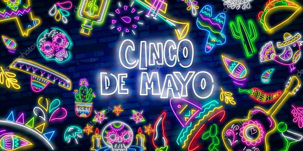 Cinco De Mayo neon sign, bright signboard, light banner.