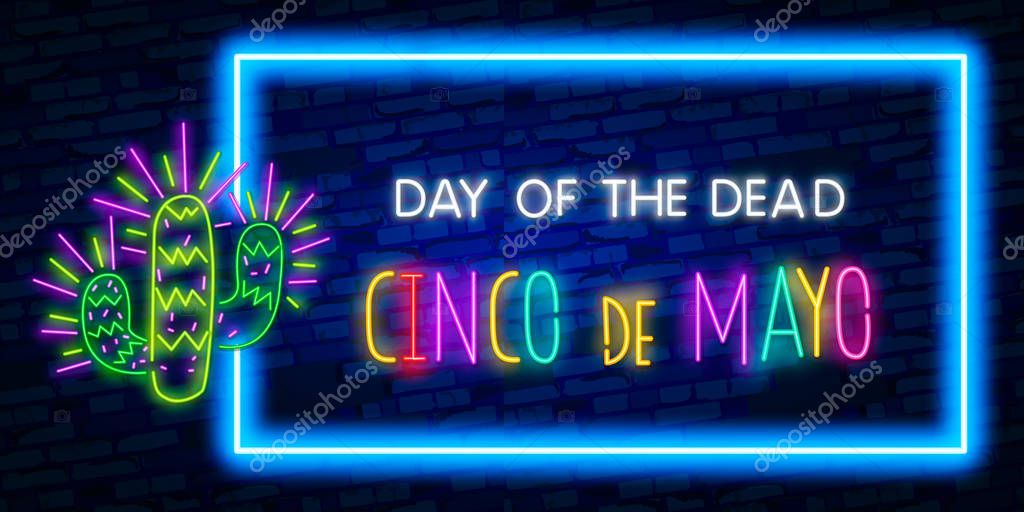 Cinco De Mayo neon sign, bright signboard, light banner.