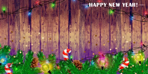 Щасливий новорічний банер з порожнім простором для вашої копії з блискучою гірляндою на дерев'яному тлі. Горизонтальний шаблон на Різдво, ювілей, обкладинки, заголовки, шпалери, веб-сайти — стоковий вектор