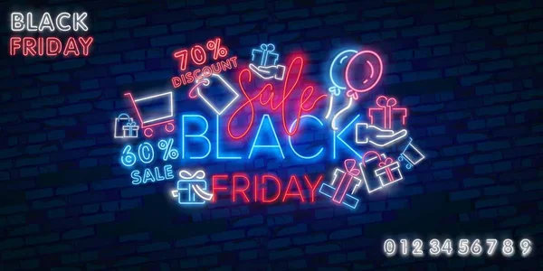 Neon-Verkauf. dunkler Hintergrund für Black Friday Sale. moderne neonrote Reklametafel an der Backsteinwand. Werbekonzept für saisonales Angebot mit leuchtendem Neon-Text. — Stockvektor