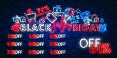 Koyu arka plan üzerinde şablon dekorasyon için Black Friday Sale Percent logosu gerçekçi izole neon işareti Vektör seti. Özel teklif ve e-ticaret kavramı.