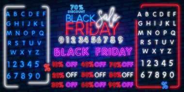 Vector set of realistic isolated neon sign of Black Friday Sale Percent logo for template decoration on dark background. Concept of special offer and e-commerce. clipart