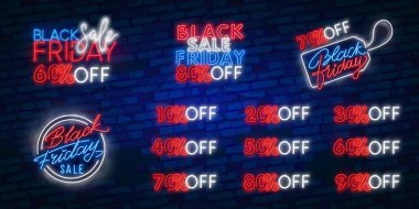 Koyu arka plan üzerinde şablon dekorasyon için Black Friday Sale Percent logosu gerçekçi izole neon işareti Vektör seti. Özel teklif ve e-ticaret kavramı.