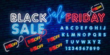 Koyu arka plan üzerinde şablon dekorasyon için Black Friday Sale Percent logosu gerçekçi izole neon işareti Neon Vektör seti. Özel teklif ve e-ticaret kavramı.