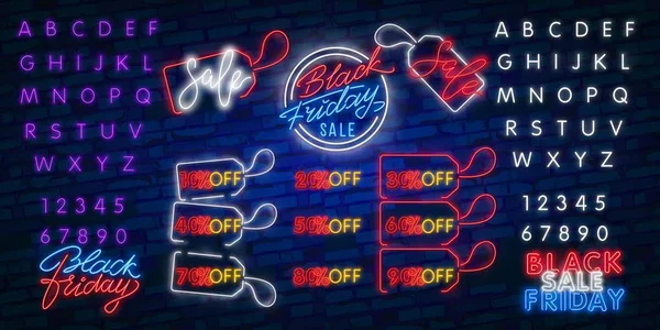 Neon Vector conjunto de signo de neón aislado realista de Viernes Negro Venta Porcentaje logo para la decoración de la plantilla sobre fondo oscuro. Concepto de oferta especial y comercio electrónico . — Vector de stock