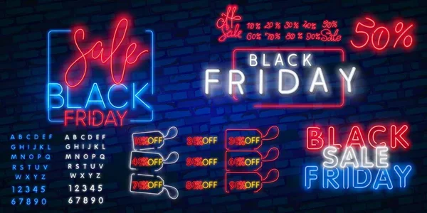 Neon Black Friday Sale Percent logo for template decoration on dark background. Concept of special offer and e-commerce. — Stock Vector