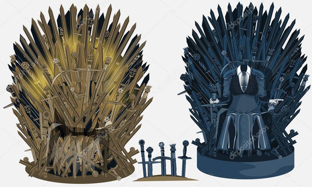 Ceremonial chair built of weapon isolated on white background. Beautiful fantasy design element. Thrones Vector illustration