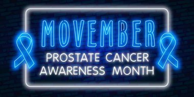 Bıyıklı ve açık mavi kurdeleli prostat kanseri için Neon Şablon logoları. Neon Movember, Prostat Kanseri Mavi Farkındalık Kurdelesi ve neon bıyıklı.