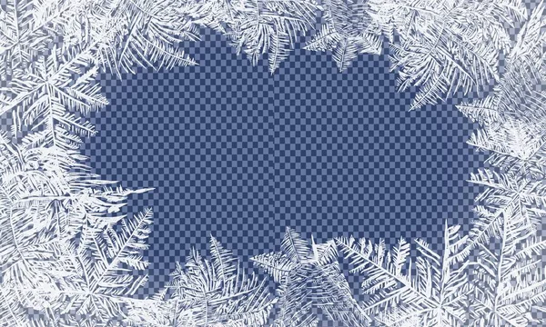 Nieve de Navidad cayendo. Copos de nieve aislados sobre fondo transparente. Patrones vectoriales hechos por las heladas. Fondo azul de invierno para diseños navideños . — Vector de stock