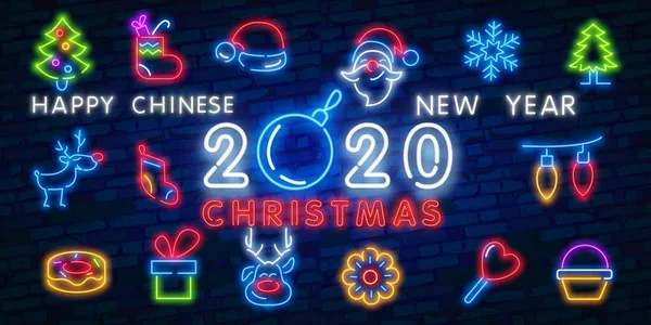 Weihnachten Neon Icon Set. Frohe Weihnachten und ein gutes neues Jahr. Neon-Symbol, Etikett, Emblem setzen. helles Schild, helles Banner. Vektorillustration — Stockvektor