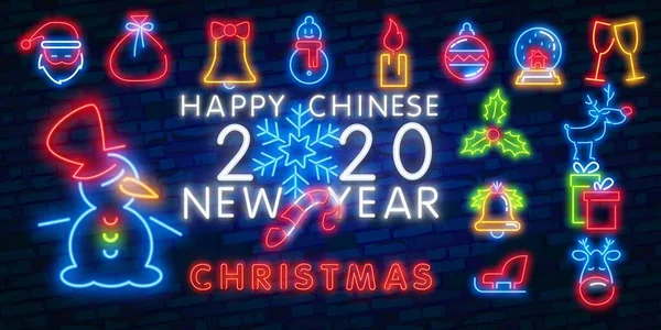 Noel neon ikonu seti. Mutlu Noeller ve mutlu yıllar. Neon simgesini, etiketini, amblemini ayarla. Parlak tabela, hafif pankart. Vektör illüstrasyonu