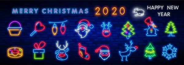 Christmas neon icon set. Merry Christmas and Happy New Year. Set neon icon, label, emblem. Bright signboard, light banner. Vector illustration — Stock Vector