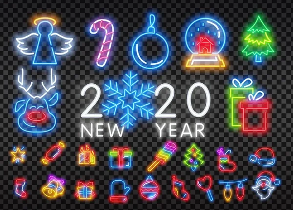 Şeffaf arkaplanda noel neon ikonu seti. Mutlu Noeller ve mutlu yıllar. Neon simgesini, etiketini, amblemini ayarla. Parlak tabela, hafif pankart. — Stok Vektör