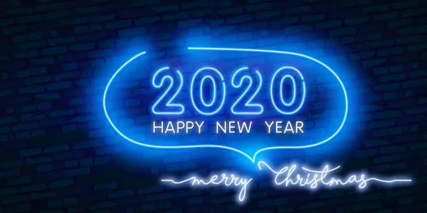 2020 Mutlu Yeni Yıl Neon Metin. Sezonluk El İlanları ve Tebrik Kartı veya Noel temalı davetiyeler için 2020 Yeni Yıl Tasarımı şablonu. — Stok Vektör