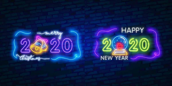 2020 gott nytt år Neon text. 2020 nytt år designmall för säsongsbunden reklamblad och gratulationskort eller jultema inbjudningar. — Stock vektor