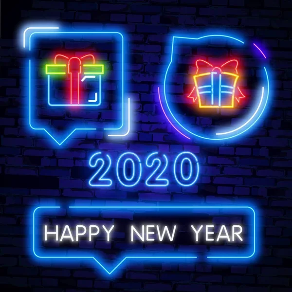 Šťastný novoroční neonový text. 2020 Nový rok Design šablony pro sezónní letáky a blahopřání nebo vánoční tematické pozvánky. — Stockový vektor