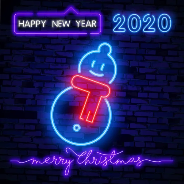 Julsnögubbe neonskylt. Nattljus reklam. Vektor illustration i neon stil för dekoration, dekoration — Stock vektor