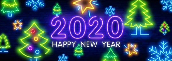 2020 Neon Text. 2020 Nový rok Design šablony. Barevný neonový světlý prapor. Vektorová ilustrace. Nový 2020 Rok nápis v barevném neonovém designu na pozadí cihlové zdi. — Stockový vektor