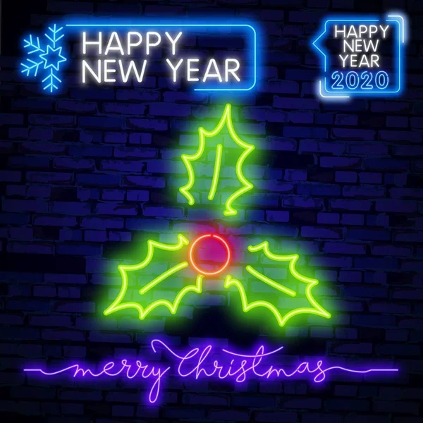 Vrolijke kerst neon teken set. Met Holly. Kerst hulst lijn icoon. Neon laserlichten. Ilex aquifolium teken. Nacht heldere reclame. Vector illustratie in neon stijl voor banner, billboard — Stockvector