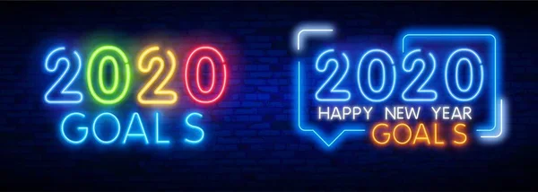 2020年目标的霓虹灯字母。 闪烁着标题，明亮的霓虹灯草书的2020年目标。 网页横幅和海报的标题模板。 蓝色和紫色 — 图库矢量图片