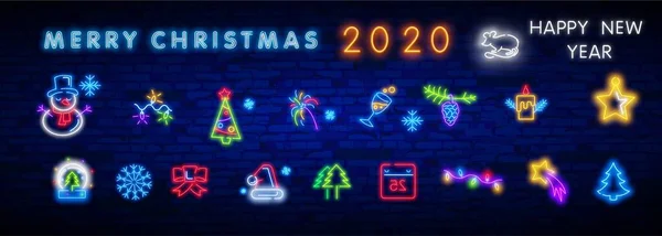 Weihnachtssymbole gesetzt. Frohe Weihnachten und ein gutes neues Jahr. Neon-Symbol, Etikett, Emblem setzen. helles Schild, helles Banner. Vektorillustration — Stockvektor