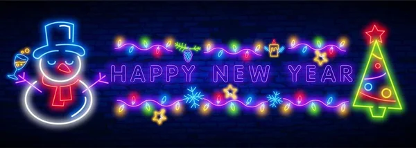 Lettering neon sign. Neon sign. Merry Christmas and Happy New Year banner, logo, emblem and label. Bright signboard, light banner. — Stock Vector