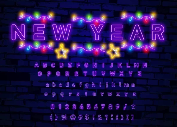 Purple Neon Alphabet Font. Litere cu efect de lumină, numere și simboluri pe fundalul întunecat. Font violet oraș. Font alfabet. Ilustrație vectorială — Vector de stoc