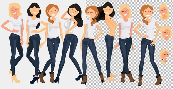 Ilustração de meninas americanas vestindo camisa branca. Grupo de jovens mulheres de pé em camisetas brancas isoladas — Vetor de Stock