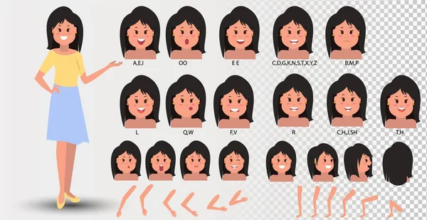 Animação oral feminina. Womans falando lábios bocas para animação de personagens de desenhos animados e pronúncia em inglês. Sincronizar expressão de fala vetor de elementos faciais definido para falar e alfabeto sonoro — Vetor de Stock