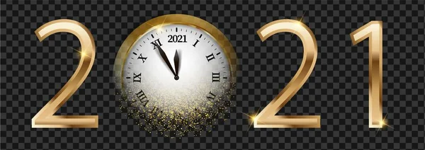 Black Gold Shiny 2021 New Year Transparent Banner Blurred Clock — Stock Vector
