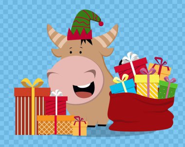 Boğa Yeni Yıl 2021, hediye edilmiş bir şapka içinde. Vektör tasarımı, beyaz izole edilmiş bir görüntü.