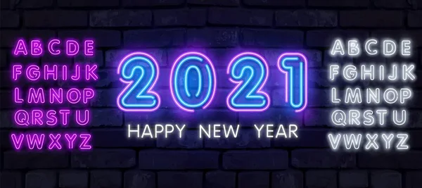 2021 Feliz Año Nuevo Banner Neón Cartelera Realista Neón Brillante — Vector de stock