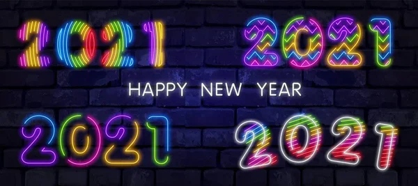 2021 Frohes Neues Jahr Neonbanner Realistische Helle Leuchtwerbetafel Der Ziegelwand — Stockvektor