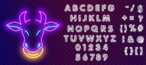 Bölényarcú Neonjel Háziállat Farm Természetrajz Éjszakai Fényes Neon Tábla Színes — Stock Vector