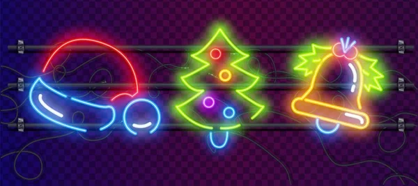 Set of Christmas toys and decorations colorful neon signs makes it quick and easy to customize your holiday projects. Used neon vector brushes included. — Stock Vector