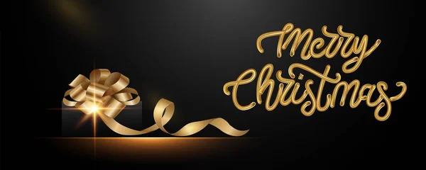 Texte en or sur fond noir avec un cadeau sombre et un ruban et un arc en or. Joyeux Noël pour les invitations et les cartes de vœux, les impressions et les affiches. Lettrage dessiné à la main, dessin calligraphique. — Image vectorielle