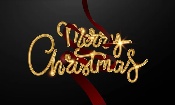 La elegante inscripción caligráfica de oro Feliz Navidad está decorada con cintas rojas. Tarjeta de Navidad . — Vector de stock