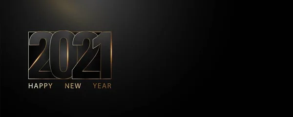 De 2021 tekst wordt in het lampenframe gedrukt. Gelukkig nieuwjaar in gouden letters op een zwarte achtergrond. Nummers van het 2021 logo op een zwarte achtergrond. Vector — Stockvector