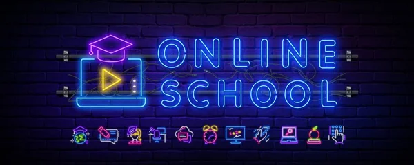 Online-Schule Willkommenskarte Design Neon-Vektor-Vorlage. Modernes Modedesign, zu Beginn des Schuljahres Leuchtreklame. Neon-Icons zu einem Schulthema. Vektor — Stockvektor