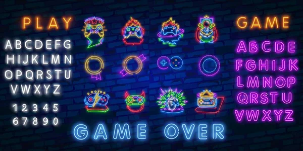 Neon Video Games logotipos coleção neon sign Modelo de design vetorial. Conceptual Vr jogos, Retro Game logotipo da noite em estilo neon, gamepad na mão, design de tendência moderna, banner luz . — Vetor de Stock
