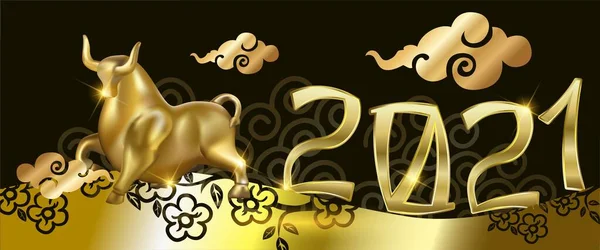 Wesołych Świąt Szczęśliwego Nowego Roku jelenie kartka z życzeniami ilustracji, realistyczny 3D stałe złoto reniferów. Szczęśliwego Nowego Roku 2021 - Nowy Rok Świecące tło ze złotym zegarem i brokatem, elegancki design. — Wektor stockowy