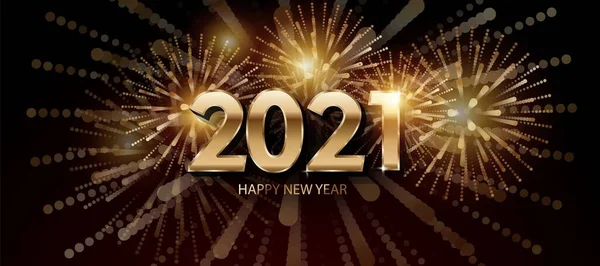Szczęśliwego Nowego Roku 2021. Świąteczny wektor ilustracja z świąteczny typograficzny kompozycja. Nowy rok 2021 Etykieta z graficznym złotym fajerwerkiem Kształt na ciemnoczerwonym tle. — Wektor stockowy