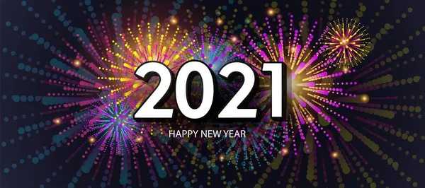 Szczęśliwego Nowego Roku 2021. Świąteczny wektor ilustracja z świąteczny typograficzny kompozycja. Nowy rok 2021 Etykieta z graficznym wielokolorowe fajerwerki kształt. — Wektor stockowy
