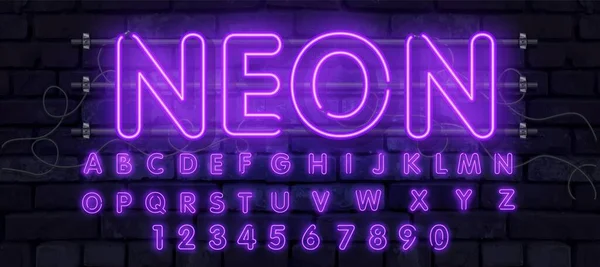 Lila Vektorneonröhrenschrift. Neonfarbene Buchstaben, Zahlen und Symbole. Aktienvektorschrift für jedes Typografie-Design. — Stockvektor