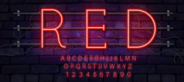 Red vector neon tube alphabet font. Letras de cor néon, números e símbolos. Tipo de vetor de estoque para qualquer projeto de tipografia . — Vetor de Stock